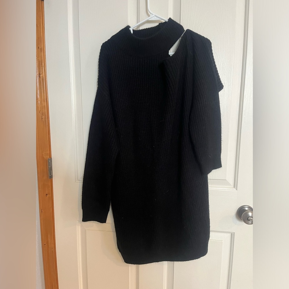 Shoulder Cutout Black Sweater Dress